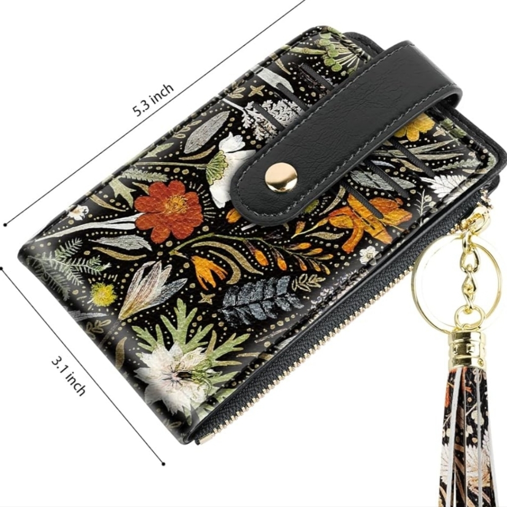 Floral Black Wallet with Tassel Keychain